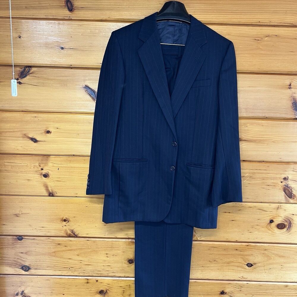 Hickey Freeman Suit 2 Piece Navy Striped Jacket 42L 2 Button Flat Pants Wool